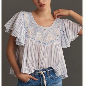 Anthropologie   Blue Striped  Embroidered Flutter-Sleeve Top blouse